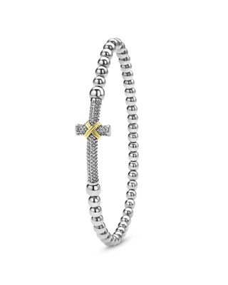 18K Yellow Gold & Sterling Silver Signature Caviar East West Cross Beaded Stretch Bracelet