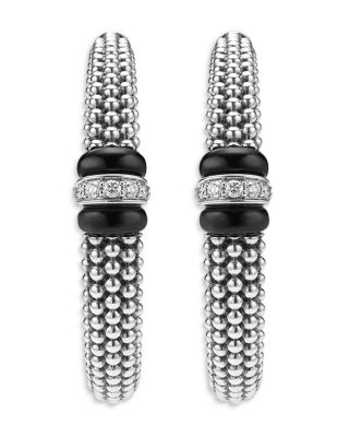 Sterling Silver Signature Black Caviar Diamond Beaded Large Hoop Earrings