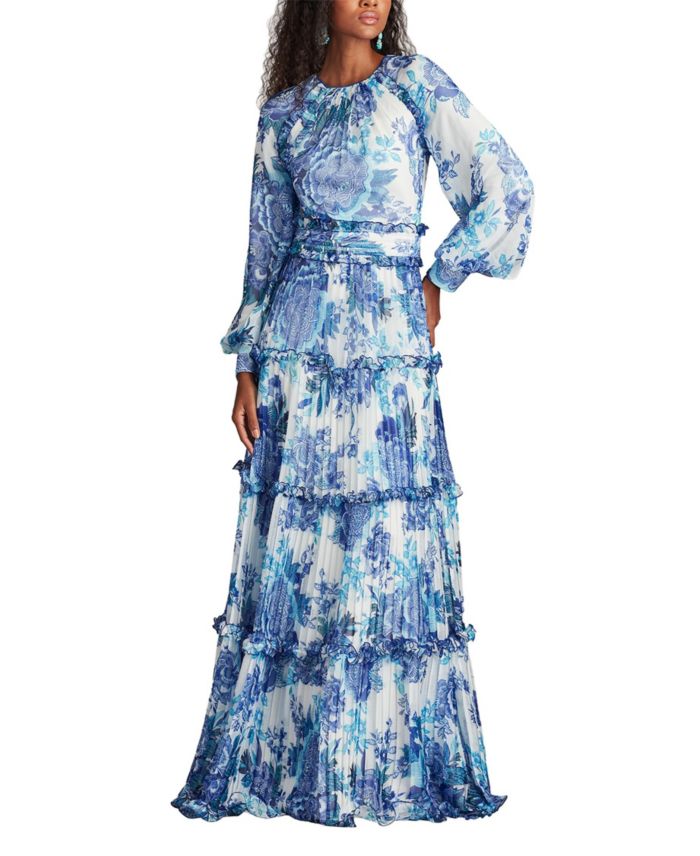 Atlas Pleated Floral Print Gown