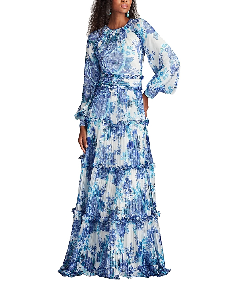 Tadashi Shoji Long Sleeve Ruffled Tiered Gown In Multi