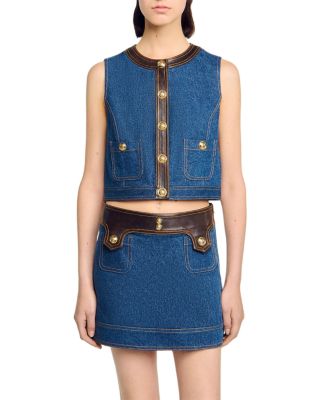 Sandro - Leather Trim Denim Vest