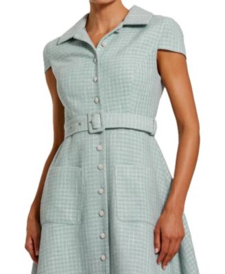  Boucle Cap Sleeve Button Up Midi Dress