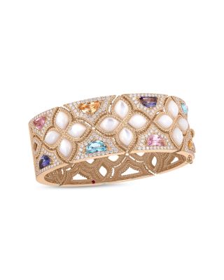 18K Rose Gold Venetian Princess Carnival Mother of Pearl, Multi Gemstone, & Diamond Bangle Bracelet