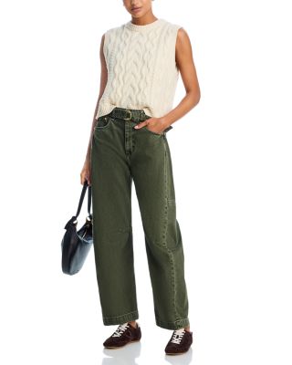 Charlie High Rise Belted Barrel Jeans in Dark Olive Stone
