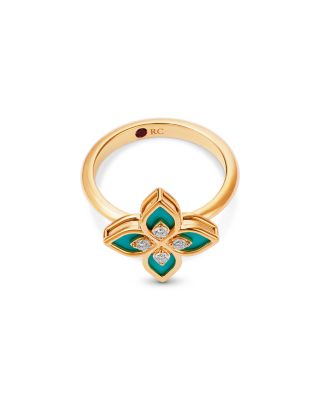 18K Yellow Gold Venetian Princess Blue Enamel & Diamond Flower Ring