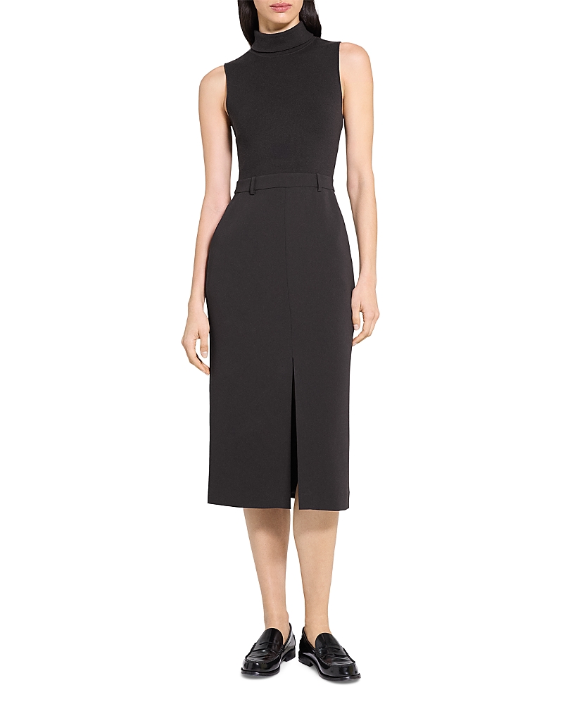 Theory Funnel Neck Mixed Media Midi Dress In Black