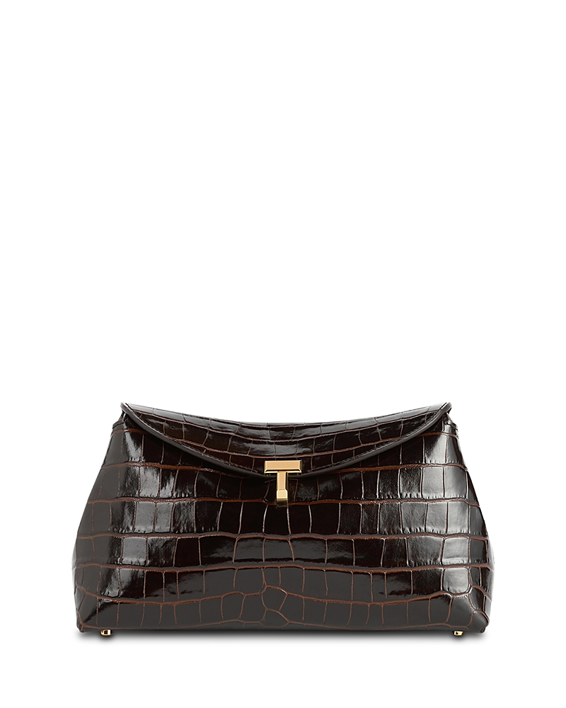Toteme T-Lock Croc-Embossed Convertible Clutch in Dark Brown
