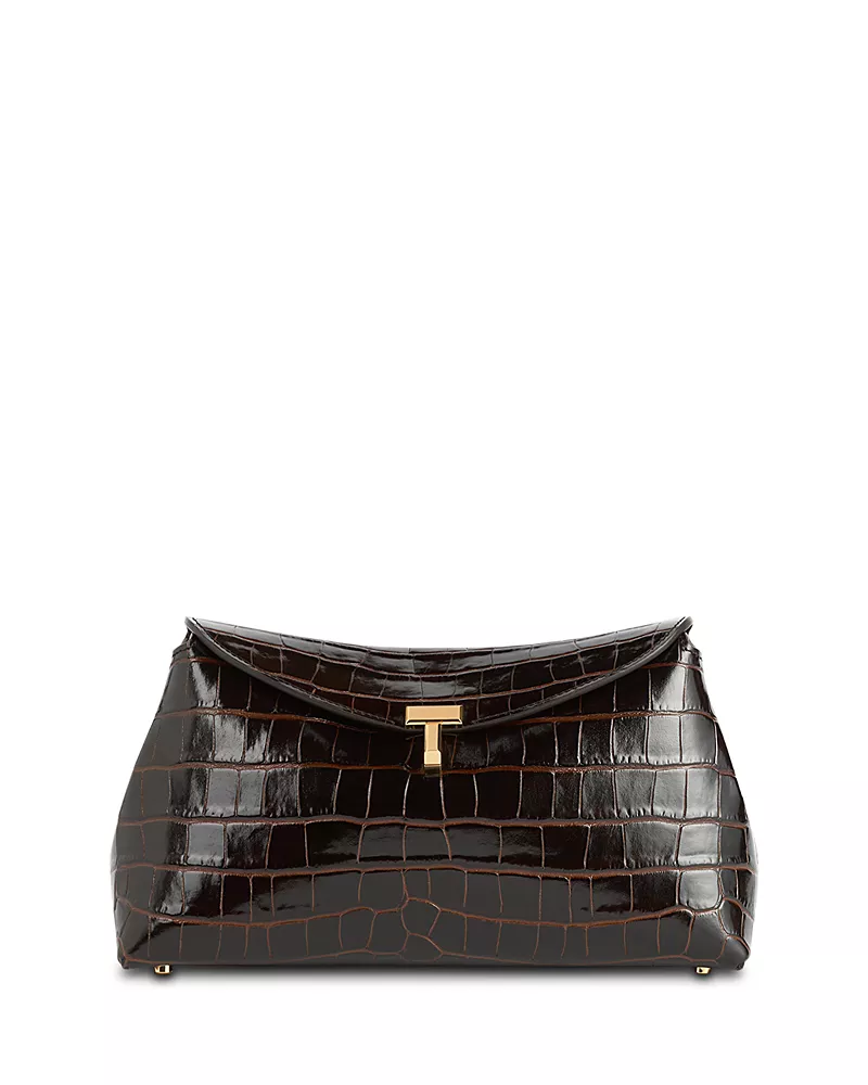 Toteme T-Lock Croc-Embossed Convertible Clutch in Dark Brown