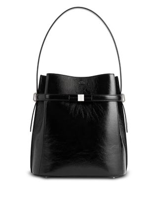 Belted Naplack Crinkled-Leather Bucket Bag in Black