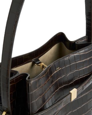 Belted Croc-Embossed Bucket Bag in Dark Brown