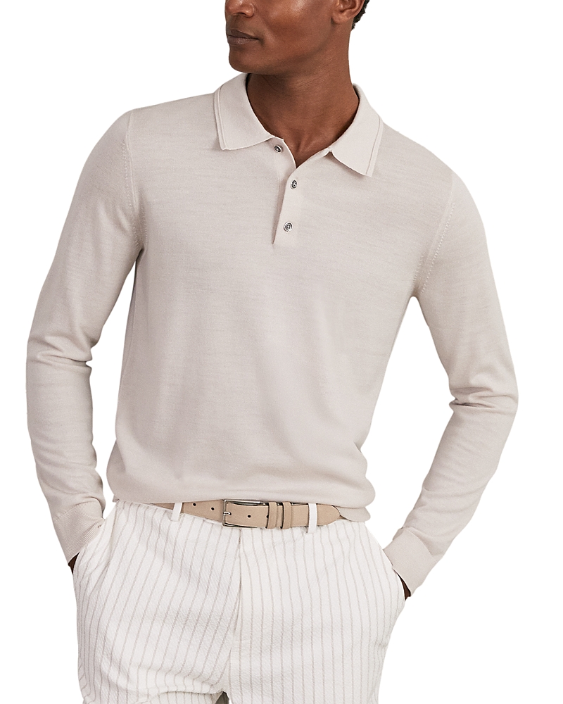 Reiss Trafford Long Sleeved Half Button Merino Wool Polo In Neutral