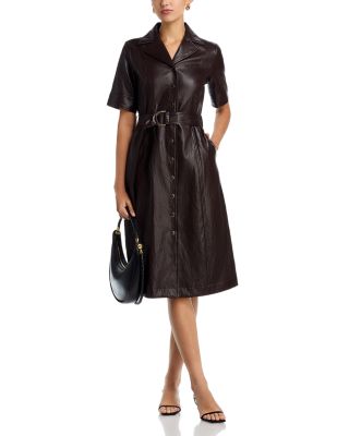 Faux Leather Short Sleeve Button Down Fit & Flare Dress