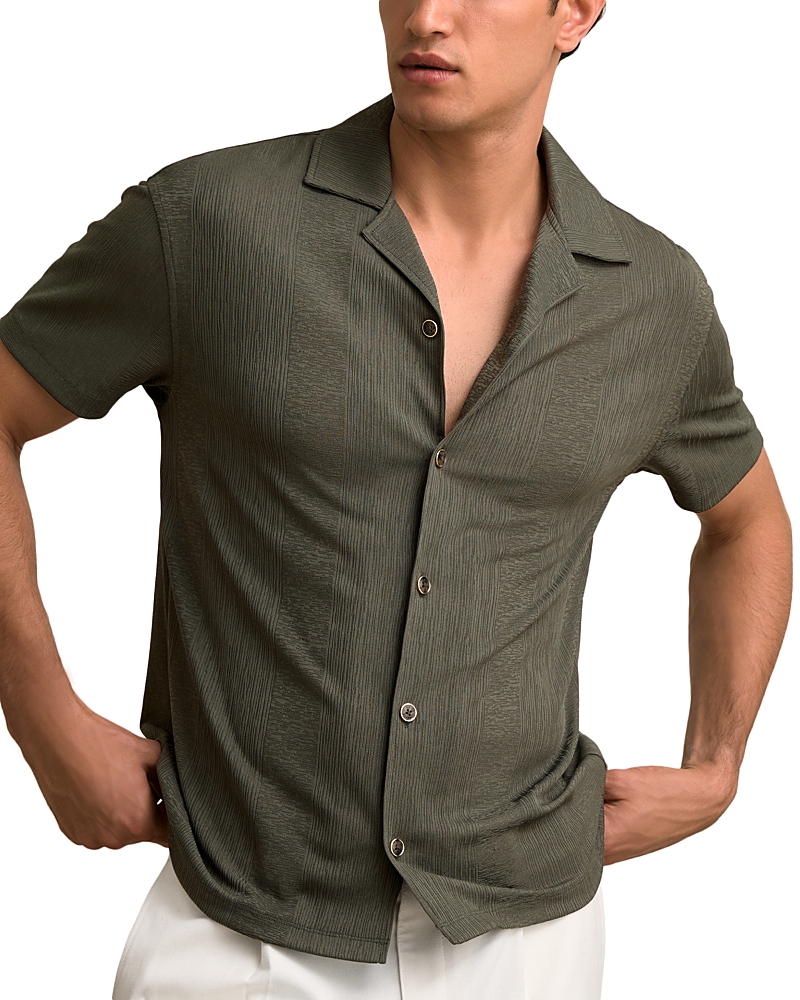 Reiss Dark Green Jacquard Stripe Cuban Collar Shirt In Green