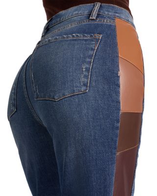 High Rise Faux Leather Patchwork Flare Jeans in Darby Vintage Blue