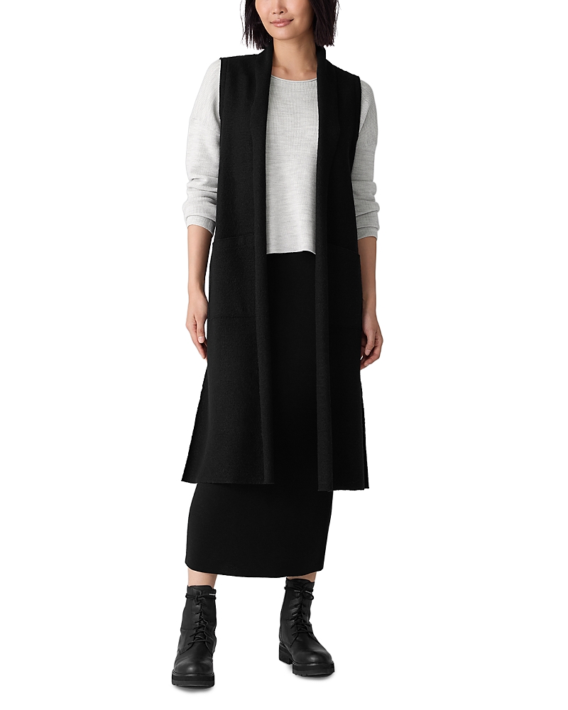 Eileen Fisher Lightweight Boiled Wool Shawl Collar Vest In Regenerative Wool In Black
