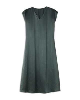 Satin V Neck Cap Sleeve Midi Dress