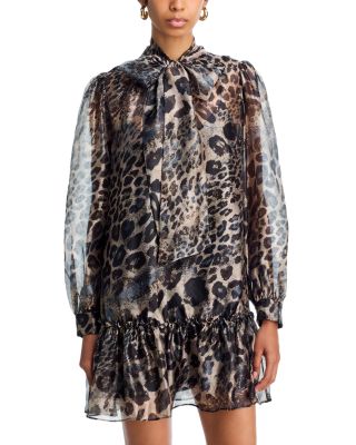 Leopard Tie Neck Long Sleeve Drop Waist Dress - Exclusive