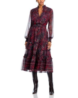 Long Sleeve Paisley Border Dot Midi Dress - Exclusive