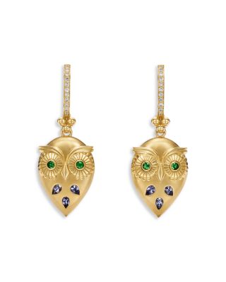 FJ Tanzanite &amp; Tsavorite Night Owl Drop Earrings in 18K Yellow Gold