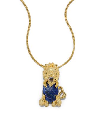 Lapis Lazuli Heart Lion Pendant Necklace, 24" 