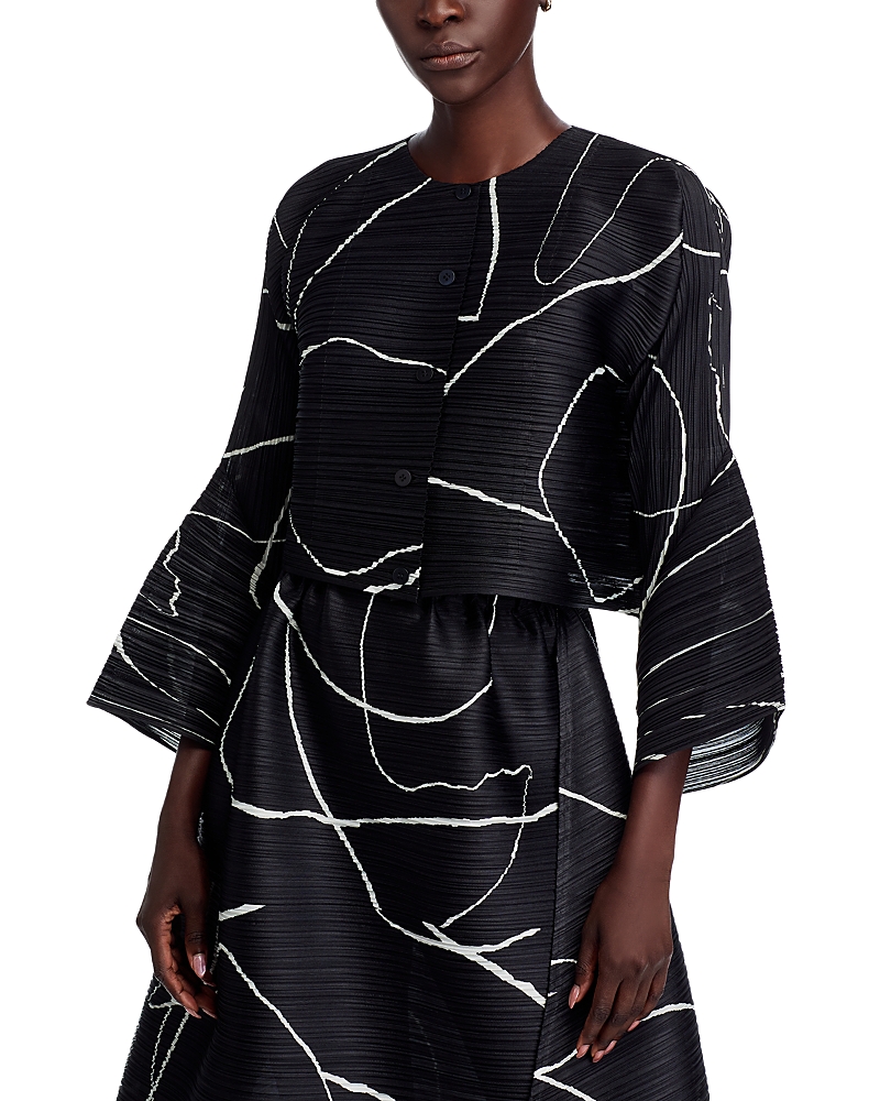 Issey Miyake Abstract Pattern Cropped Cardigan With Flared Sleeves In Black