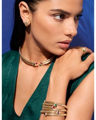 Trisolina Diamond & Emerald Bypass Bangle in 18K Yellow Gold