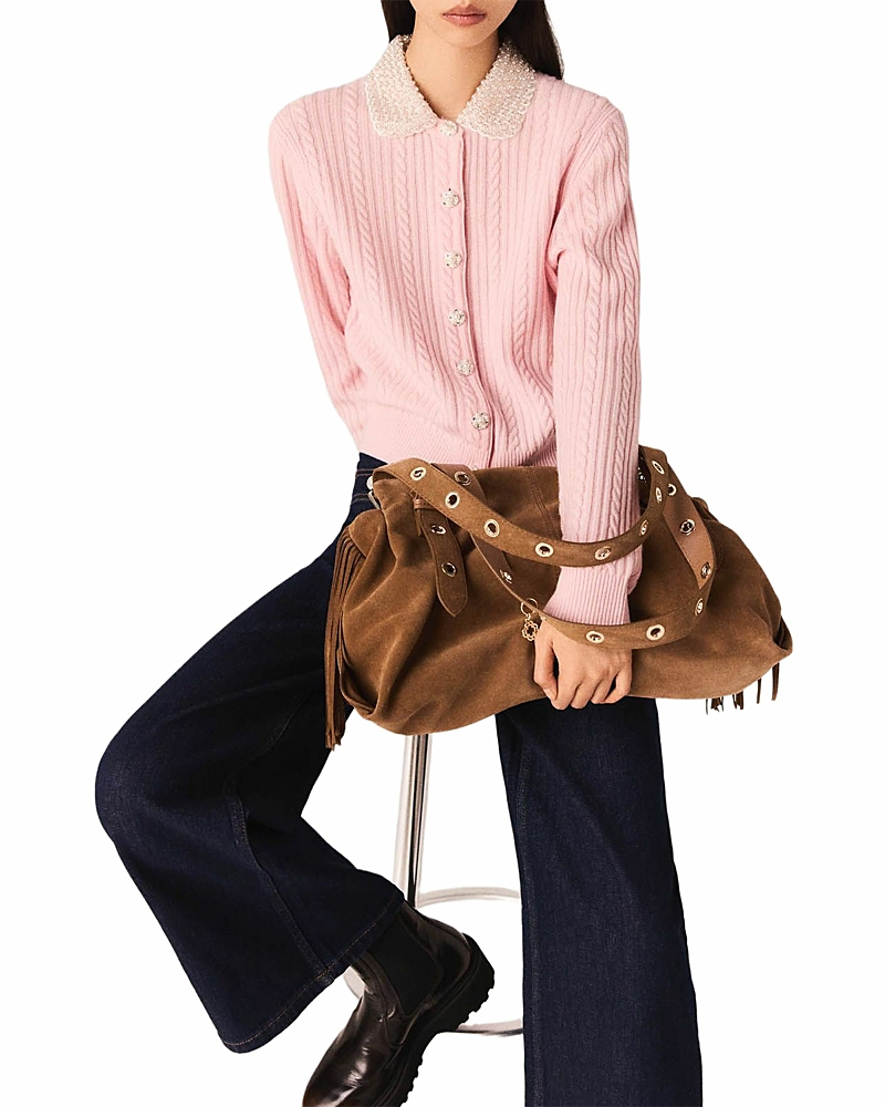 Maje Mini Embellished Cable Knit Cardigan In Pink