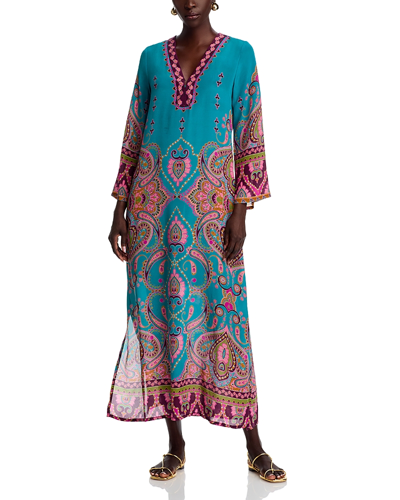 Johnny Was Judith Floral Paisley-print Silk Maxi Dress In Blue