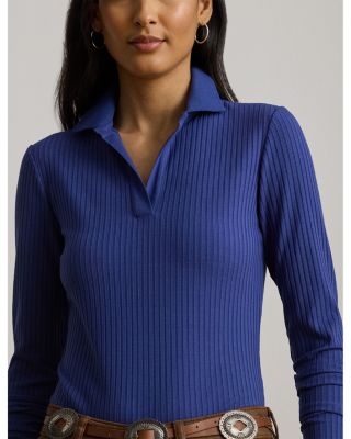 Rib Knit Long Sleeve Polo Top