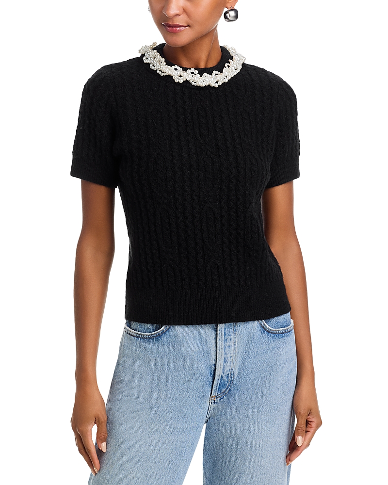 Aqua Faux Pearl Embellished Short Sleeve Sweater - Exclusive In Black