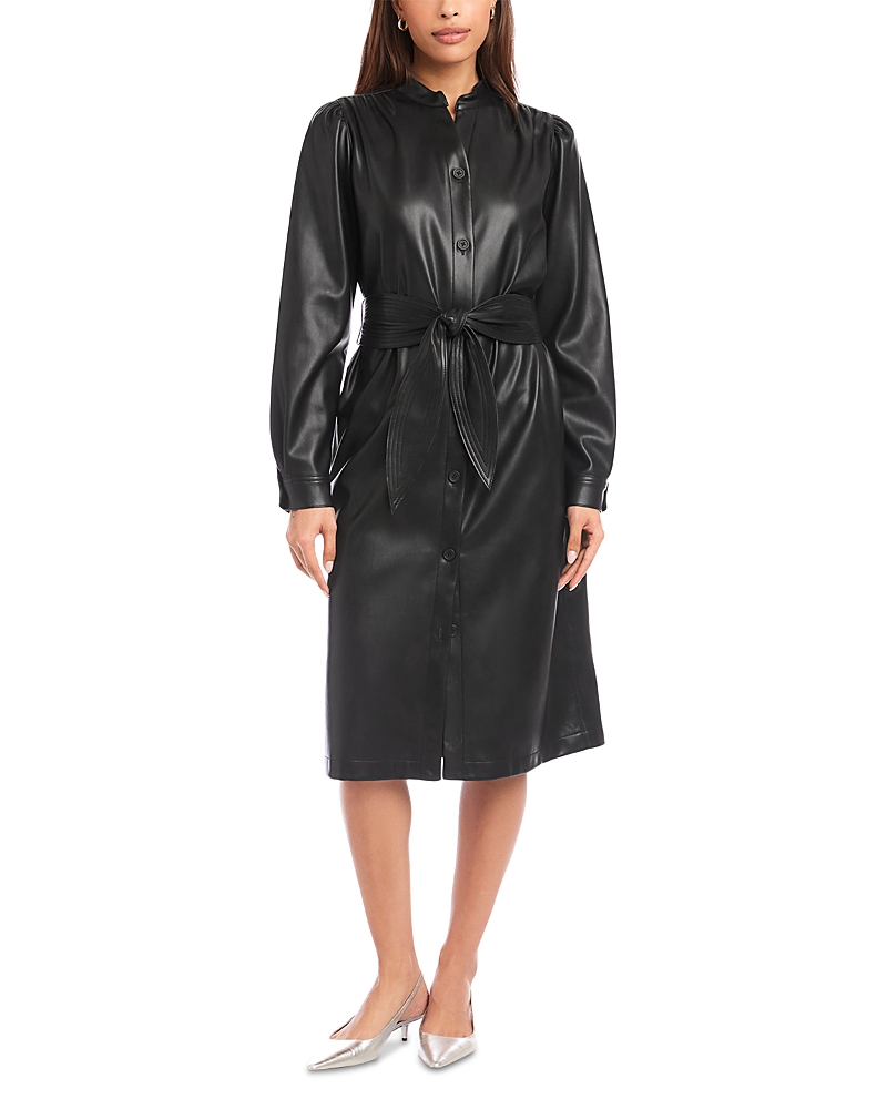 Fifteen Twenty Jennifer Long Sleeve Tie Belt Faux Leather Dress In Black