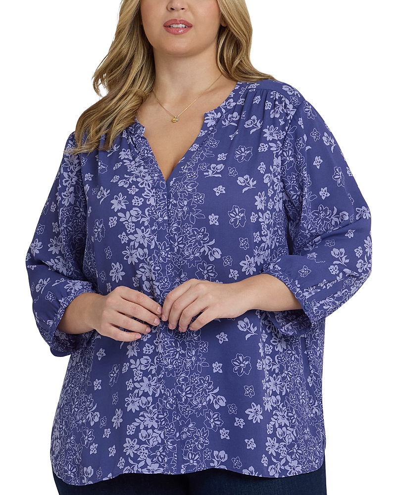 Nydj Plus Size Pintuck Split Neck Top In Blue