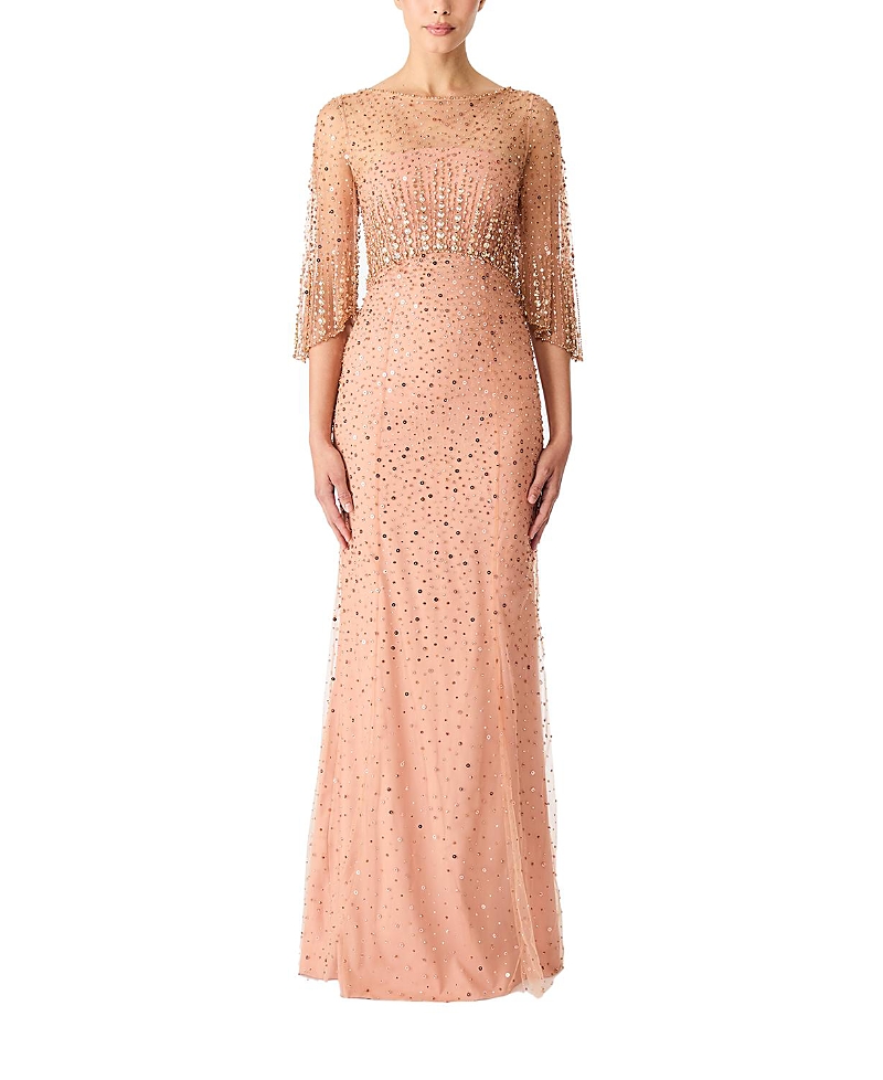Jenny Packham Kiya Embellished Elbow-sleeve Illusion Gown In Brown