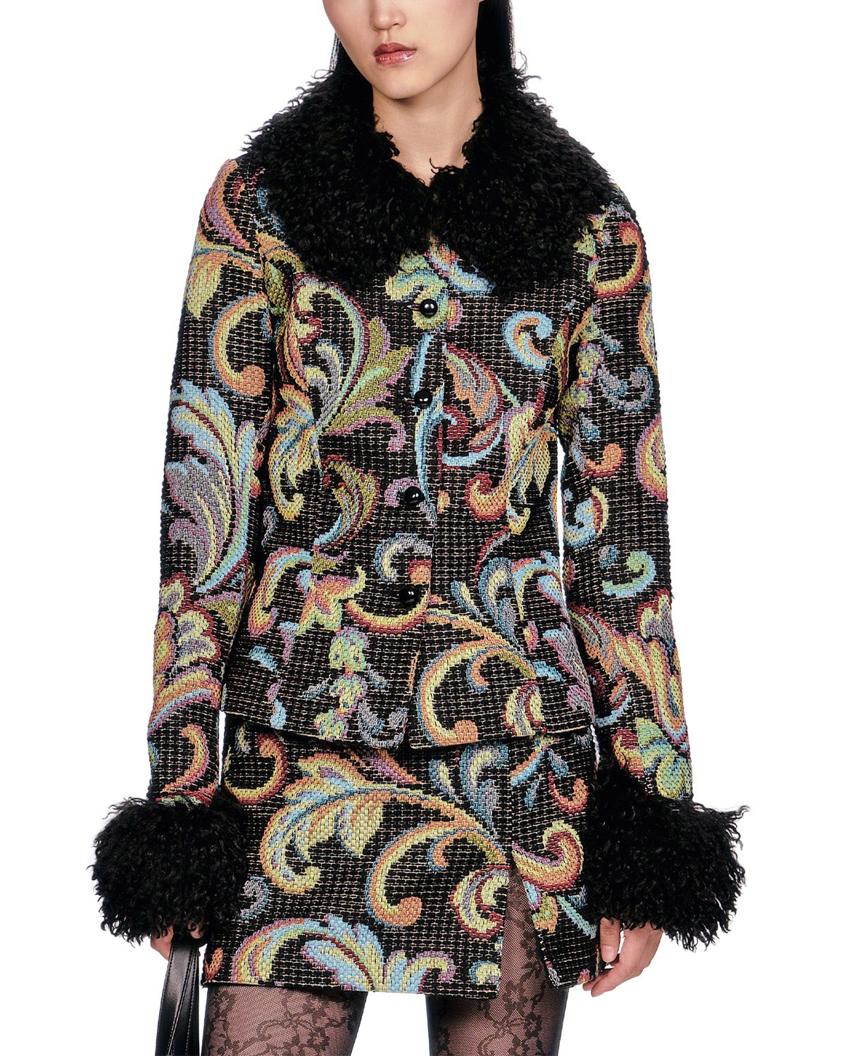 Anna Sui Tapestry Faux Fur Jacket in Black Multi