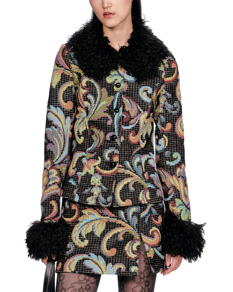 Anna Sui Tapestry Faux Fur Jacket in Black Multi