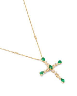 Emerald & Diamond Cross Pendant Necklace in 14K Yellow Gold