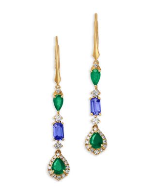 Emerald, Tanzanite & Diamond Linear Drop Earrings in 14K Yellow Gold
