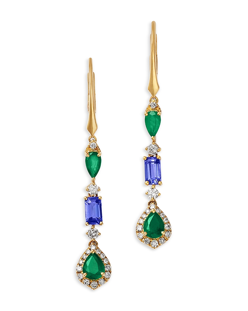 Bloomingdale's Fine Collection Emerald, Tanzanite & Diamond Linear Drop Earrings In 14k Yellow Gold In Multi