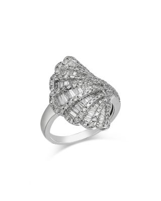 Diamond Round & Baguette Fan Ring in 14K White Gold, 1.50 tcw