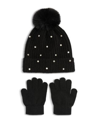 Capelli Girls' Rhinestone Beanie with Faux Fur Pom & Gloves Set - Little Kid, Big Kid