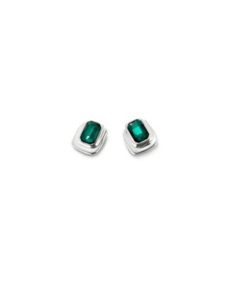  Rectangular Sterling Silver-Plated Earrings with Green Crystal
