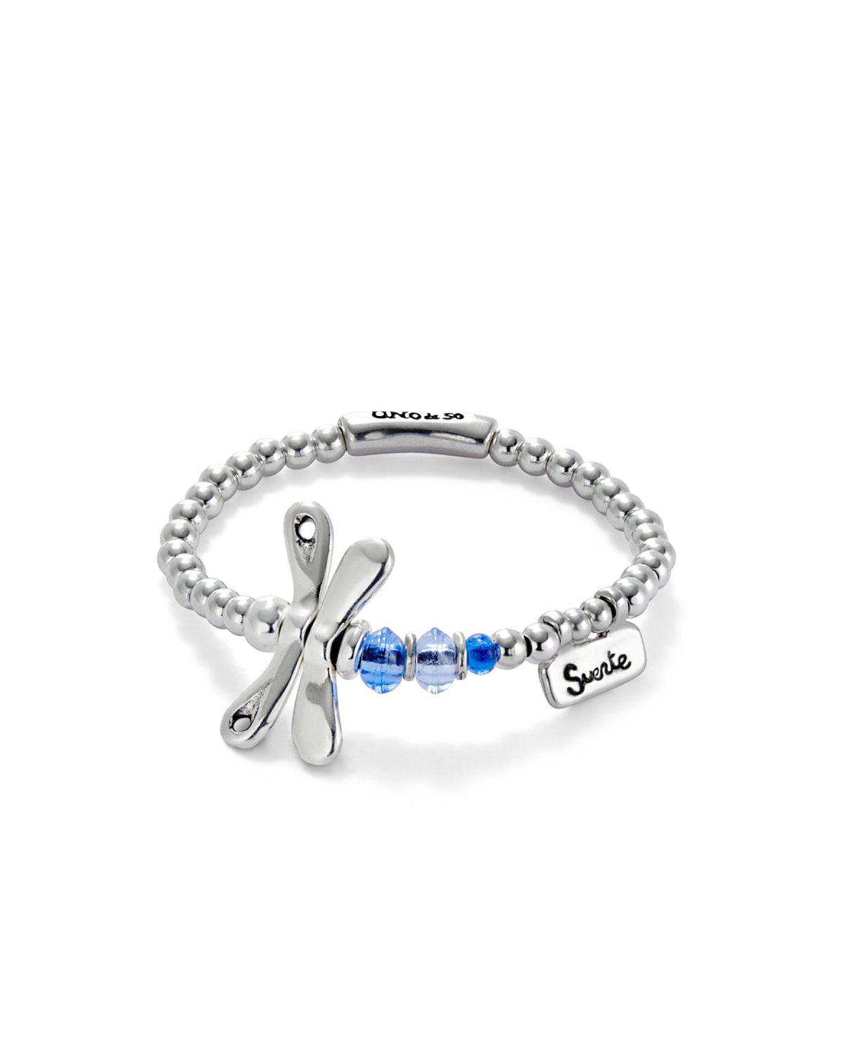 UNOde50 Elastic Sterling Silver Plated Dragonfly with Blue Crystals Bracelet