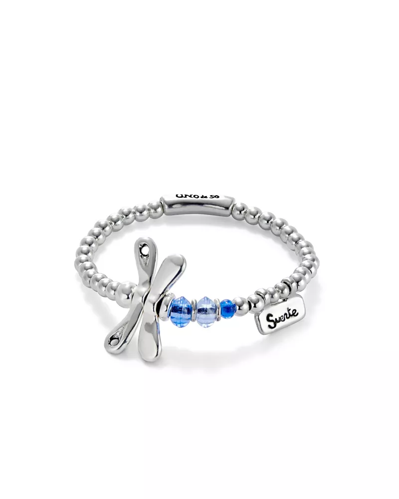 UNOde50 Elastic Sterling Silver Plated Dragonfly with Blue Crystals Bracelet