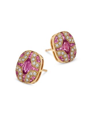 Pink Sapphire & Diamond Stud Earrings in 14K Yellow Gold