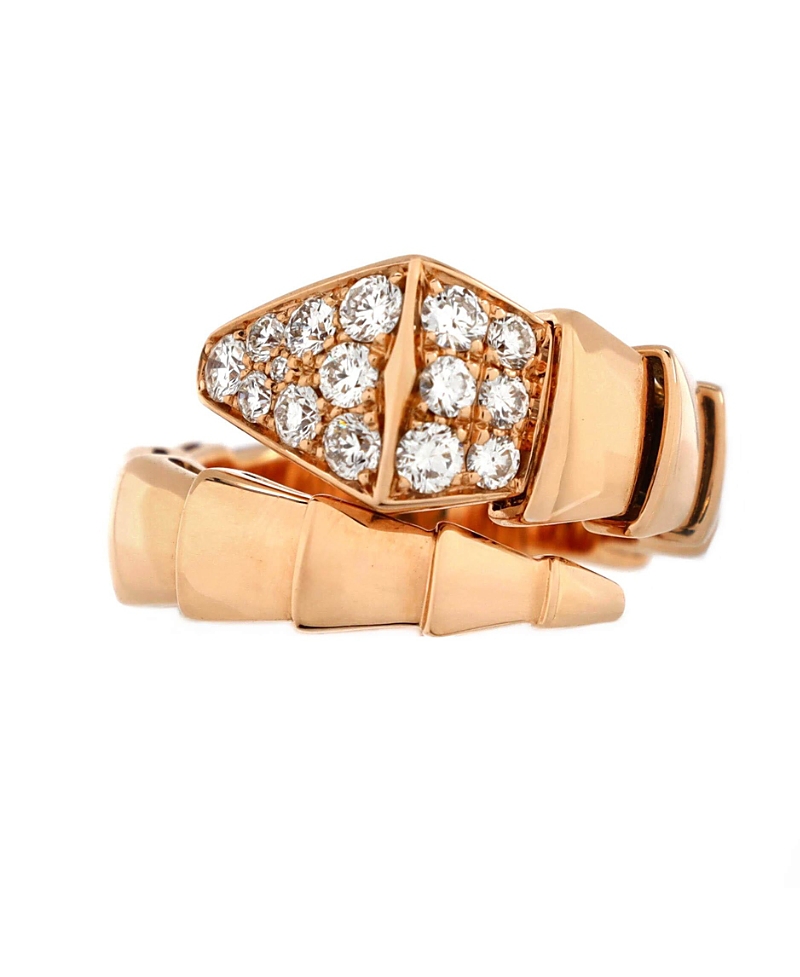 Pre-owned Pre-owned Bvlgari Bvlgari Wide Serpenti Viper One-coil Ring 18k Rose Gold With Diamonds In Pink