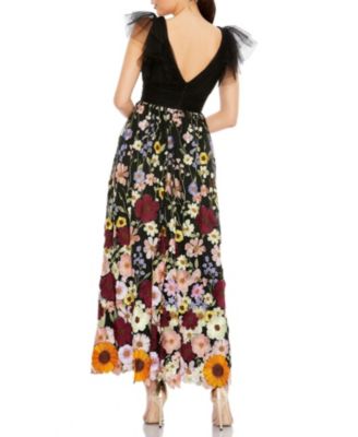 Embroidered Ruched Flutter Sleeve A Line Dress