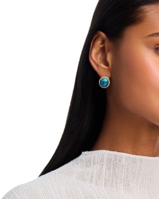 Azurite Malachite & Diamond Halo Stud Earrings in 14K Yellow Gold