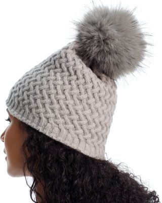 Faux Fur Pom Pom Lattice Knit Beanie