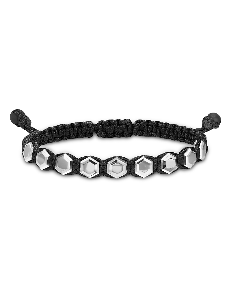 Men's Faceted Woven Bracelet in Sterling Silver with Black Nylon and Black Onyx, 8mm