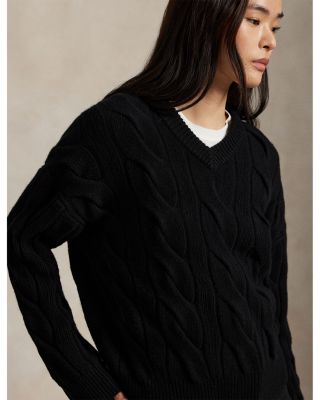 Cable Knit Wool Cashmere V-Neck Sweater